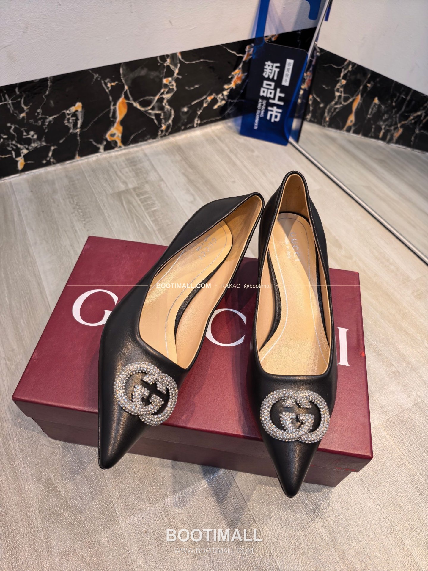 구찌 2026 소가죽 더블G 크리스탈 포인티드토 펌프스 Gucci 2026 Cow Leather Double G Crystal Pointed Toe Black Pumps 5.5cm 6