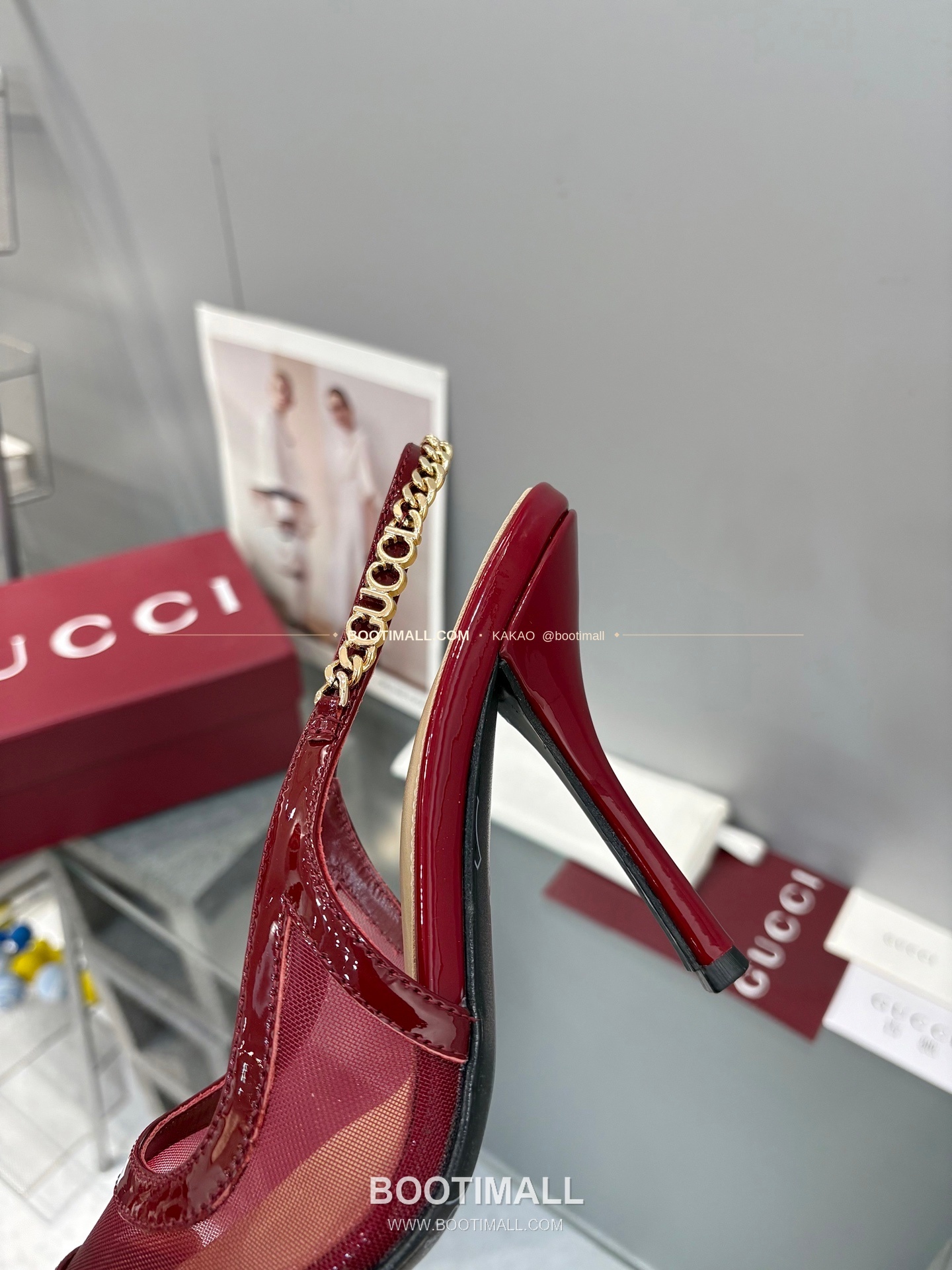 구찌 2026 메쉬 GG 로고 체인 포인티드토 샌들 Gucci 2026 Mesh GG Logo Chain Pointed Toe Black Sandals 10cm 6