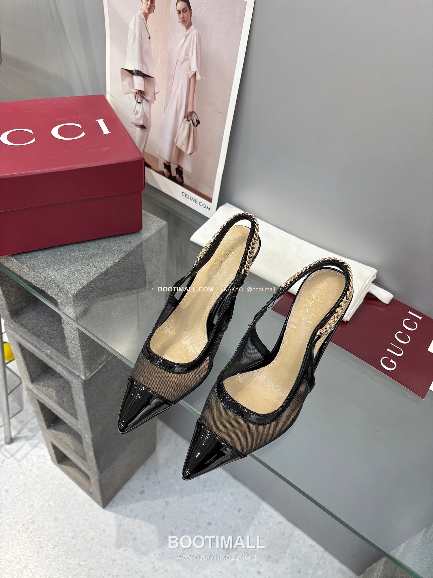 구찌 2026 메쉬 GG 로고 체인 포인티드토 샌들 Gucci 2026 Mesh GG Logo Chain Pointed Toe Black Sandals 10cm 1