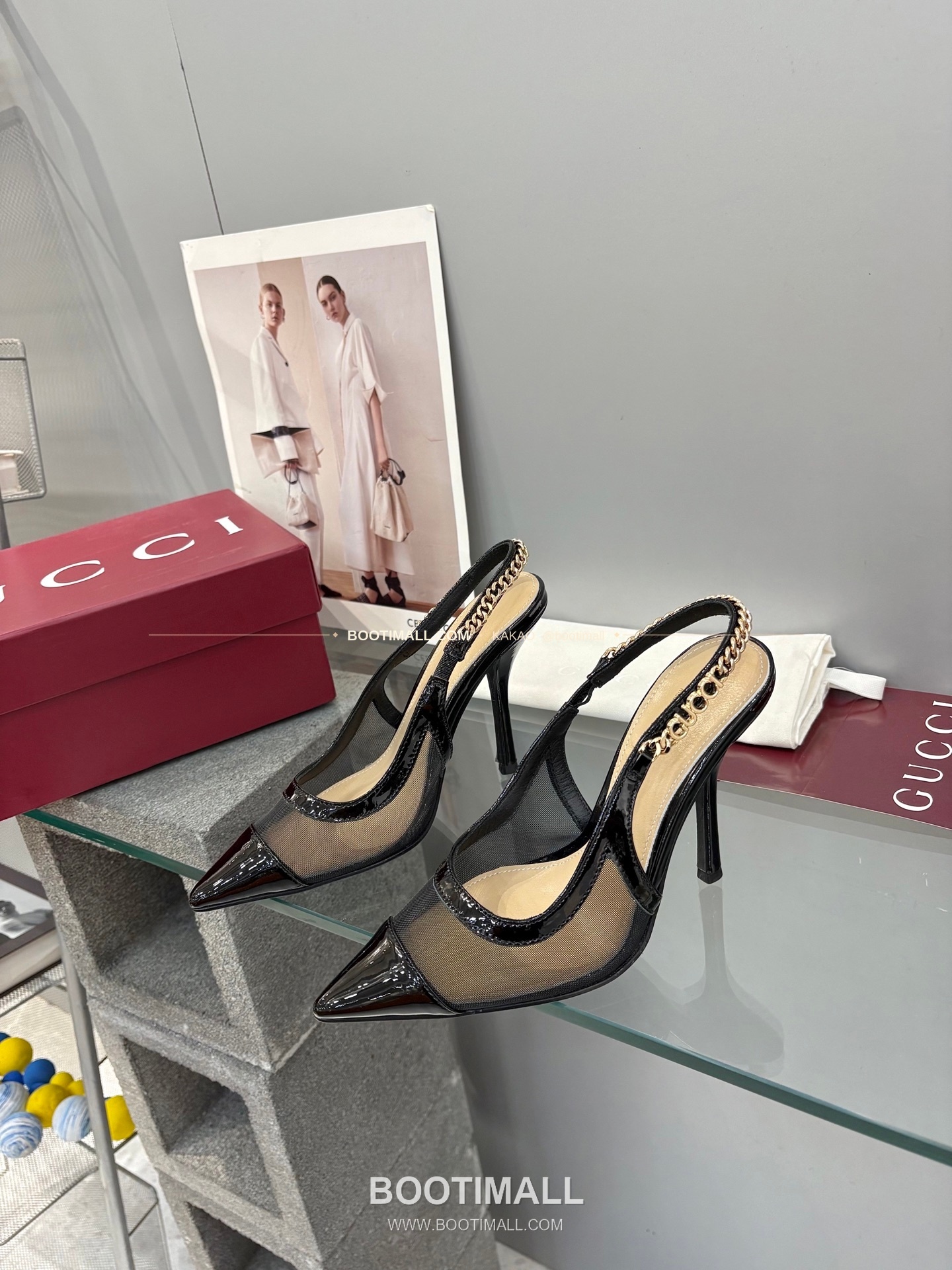 구찌 2026 메쉬 GG 로고 체인 포인티드토 샌들 Gucci 2026 Mesh GG Logo Chain Pointed Toe Black Sandals 10cm 2