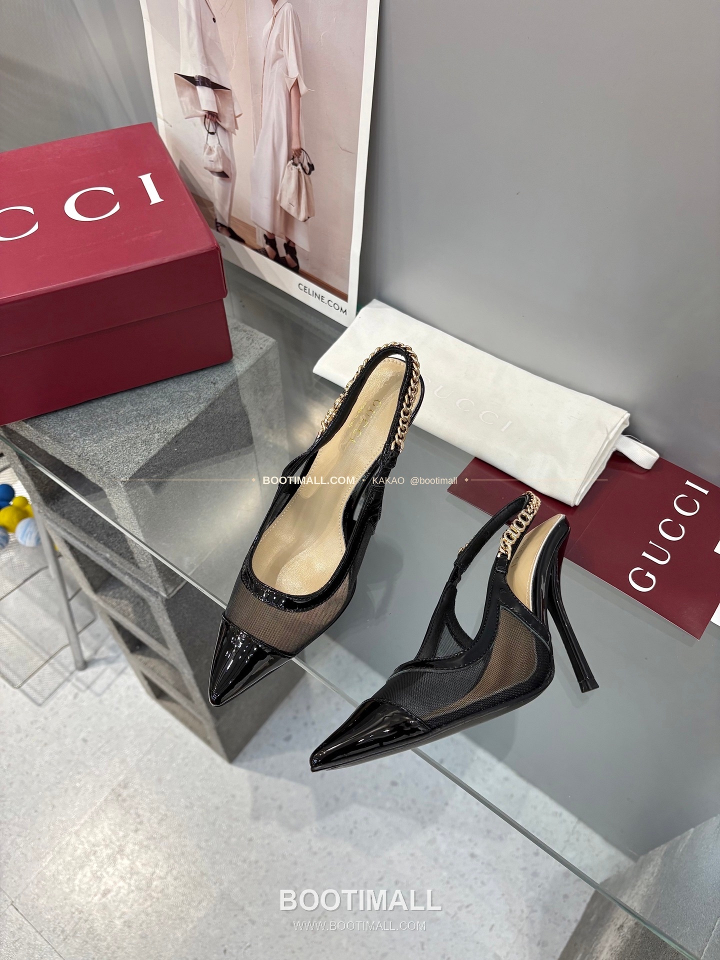 구찌 2026 메쉬 GG 로고 체인 포인티드토 샌들 Gucci 2026 Mesh GG Logo Chain Pointed Toe Black Sandals 10cm 3