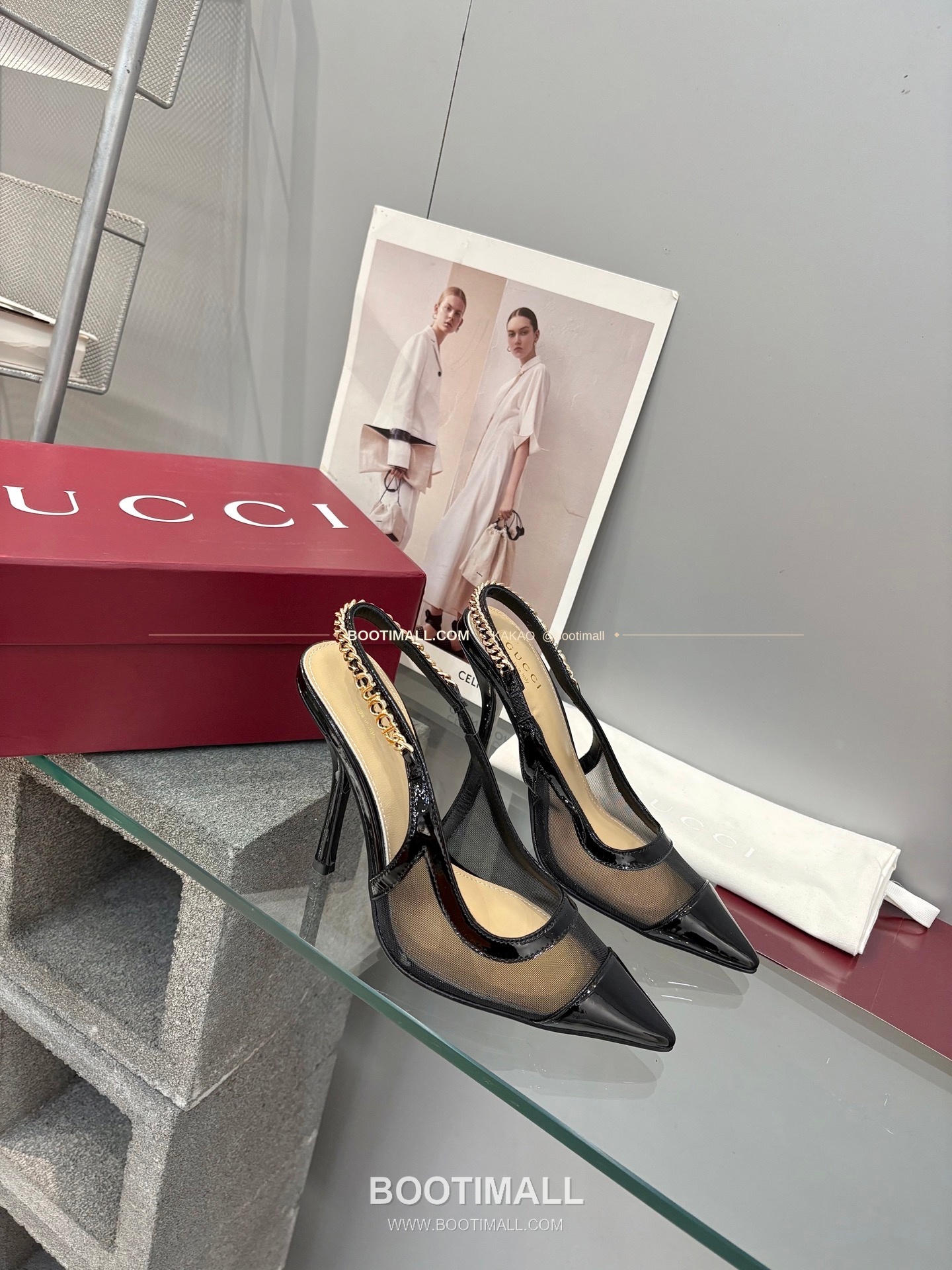 구찌 2026 메쉬 GG 로고 체인 포인티드토 샌들 Gucci 2026 Mesh GG Logo Chain Pointed Toe Black Sandals 10cm 4