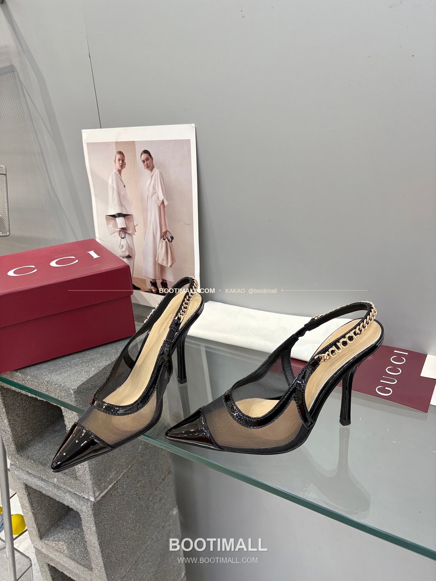 구찌 2026 메쉬 GG 로고 체인 포인티드토 샌들 Gucci 2026 Mesh GG Logo Chain Pointed Toe Black Sandals 10cm 5