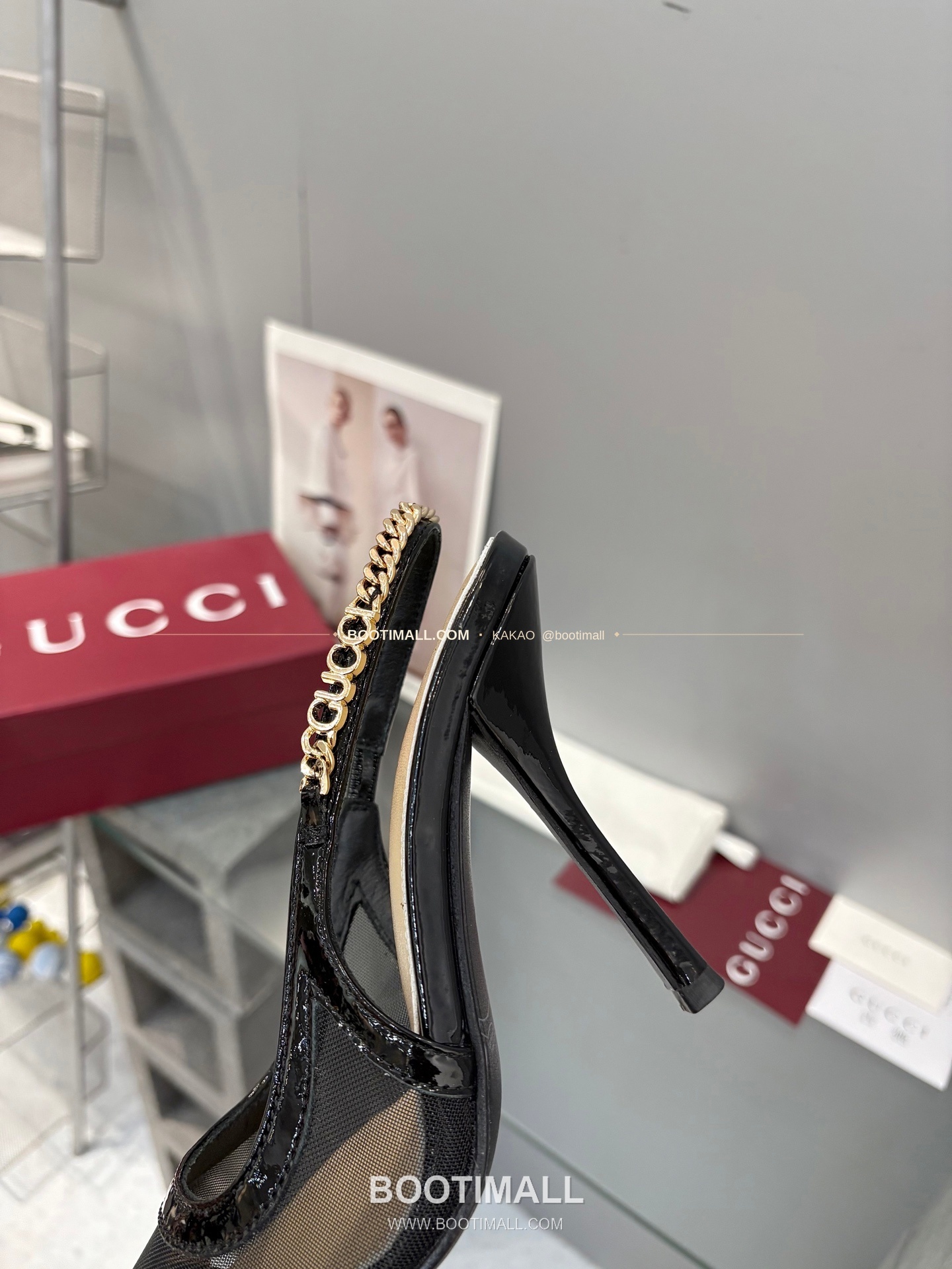 구찌 2026 메쉬 GG 로고 체인 포인티드토 샌들 Gucci 2026 Mesh GG Logo Chain Pointed Toe Black Sandals 10cm 8