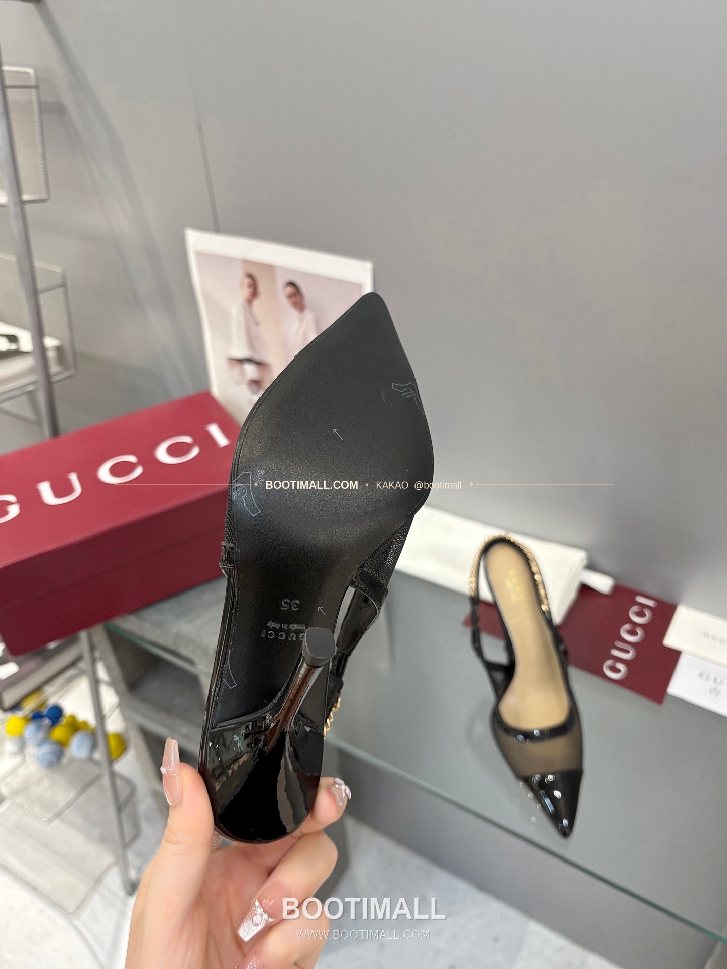 구찌 2026 메쉬 GG 로고 체인 포인티드토 샌들 Gucci 2026 Mesh GG Logo Chain Pointed Toe Black Sandals 10cm 9
