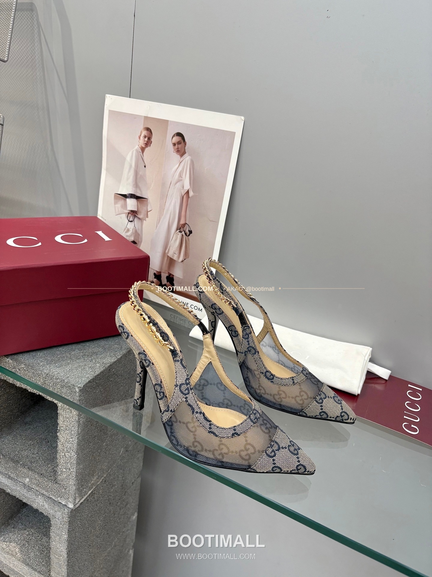 구찌 2026 메쉬 GG 로고 체인 포인티드토 샌들 Gucci 2026 Mesh GG Logo Chain Pointed Toe Black Sandals 10cm 4