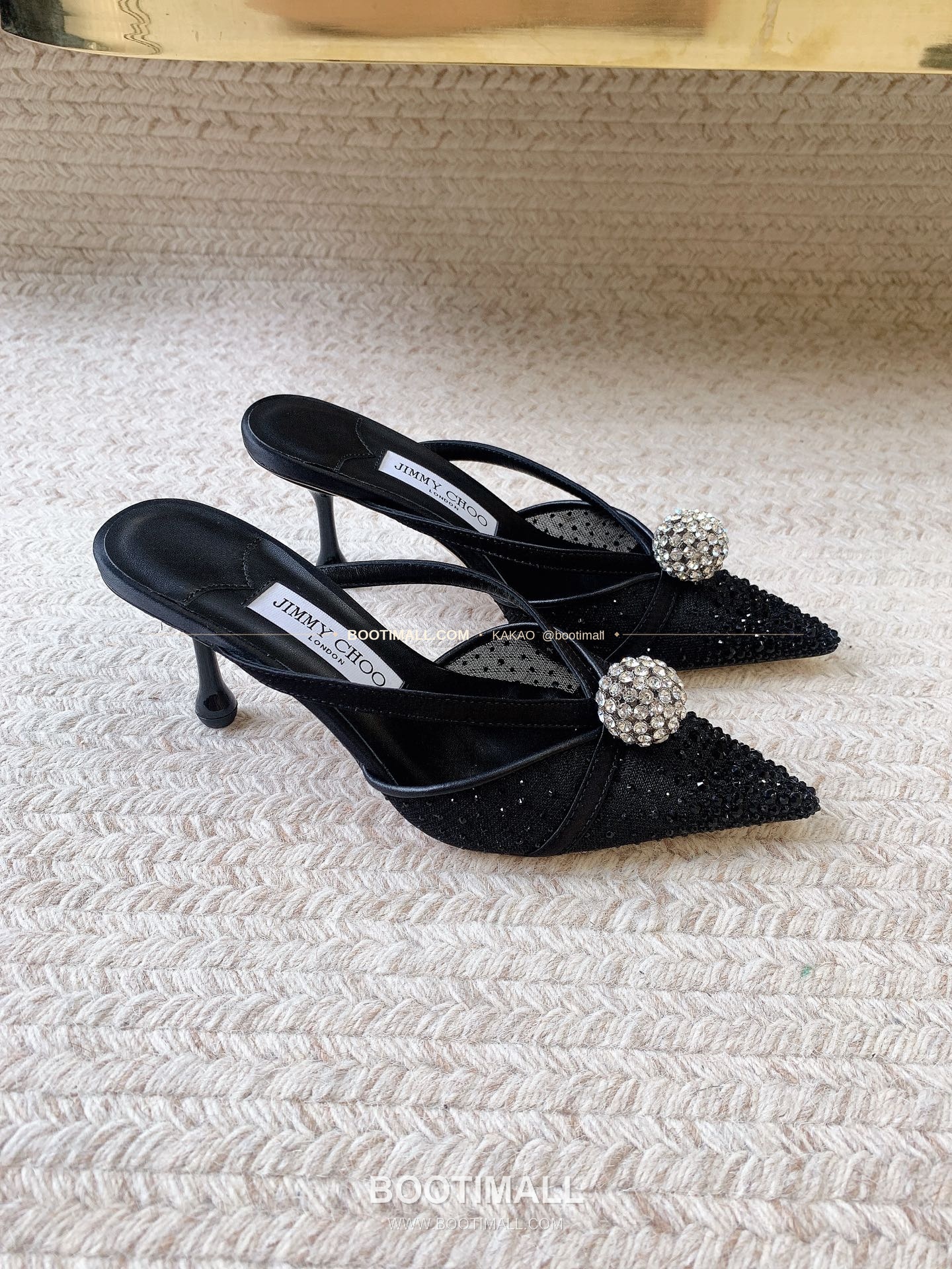 지미추 2026 메쉬 크리스탈 버클 포인티드토 블랙 샌들 Jimmy Choo 2026 Mesh Crystal Buckle Pointed Toe Black Sandals 9.5cm 2