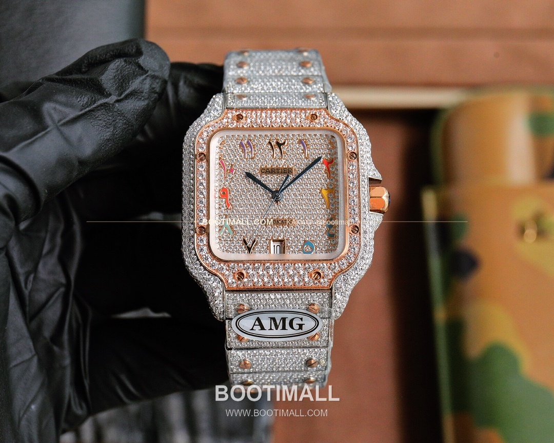 까르띠에 산토스 스틸 풀다이아 블루핸즈 오토매틱 Cartier Santos Steel Full Diamond Blue Hands Automatic 40mm 9