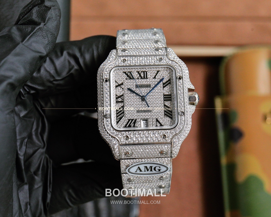 까르띠에 산토스 스틸 풀다이아 블루핸즈 오토매틱 Cartier Santos Steel Full Diamond Blue Hands Automatic 40mm 7