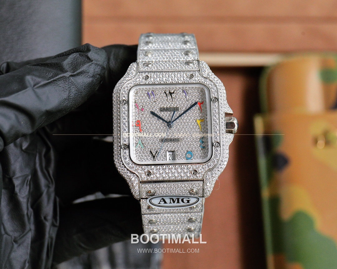 까르띠에 산토스 스틸 풀다이아 블루핸즈 오토매틱 Cartier Santos Steel Full Diamond Blue Hands Automatic 40mm 8