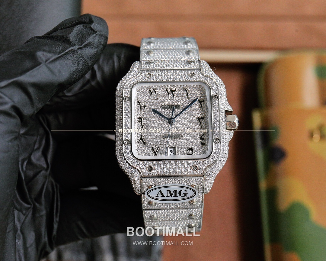 까르띠에 산토스 스틸 풀다이아 블루핸즈 오토매틱 Cartier Santos Steel Full Diamond Blue Hands Automatic 40mm 9