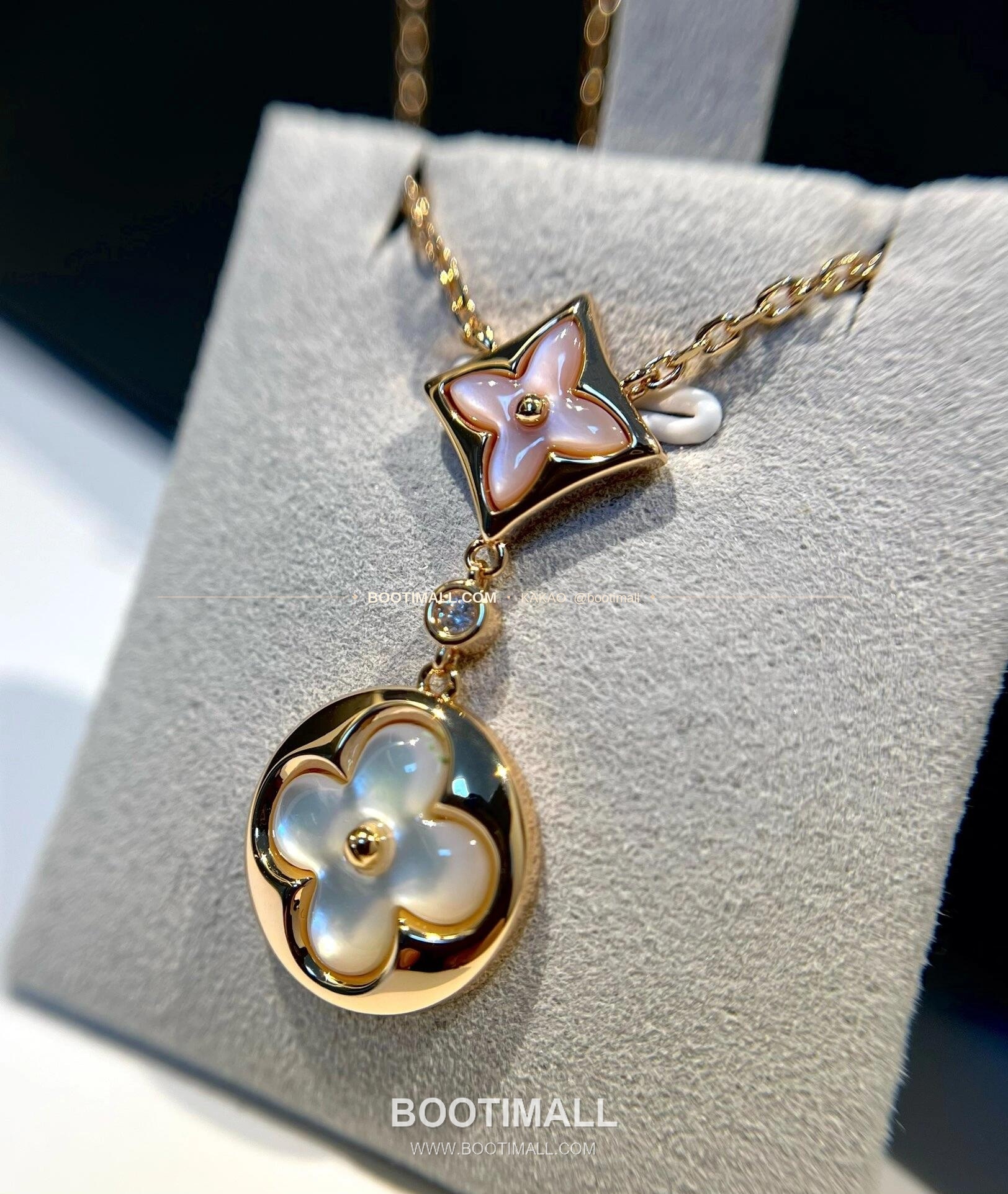 루이비통 모노그램 더블 플라워 핑크 화이트 V 골드 자개 다이아 네크리스 Louis Vuitton Monogram Double Flower Pink White V Gold Mother of Pearl Diamond Necklace 4