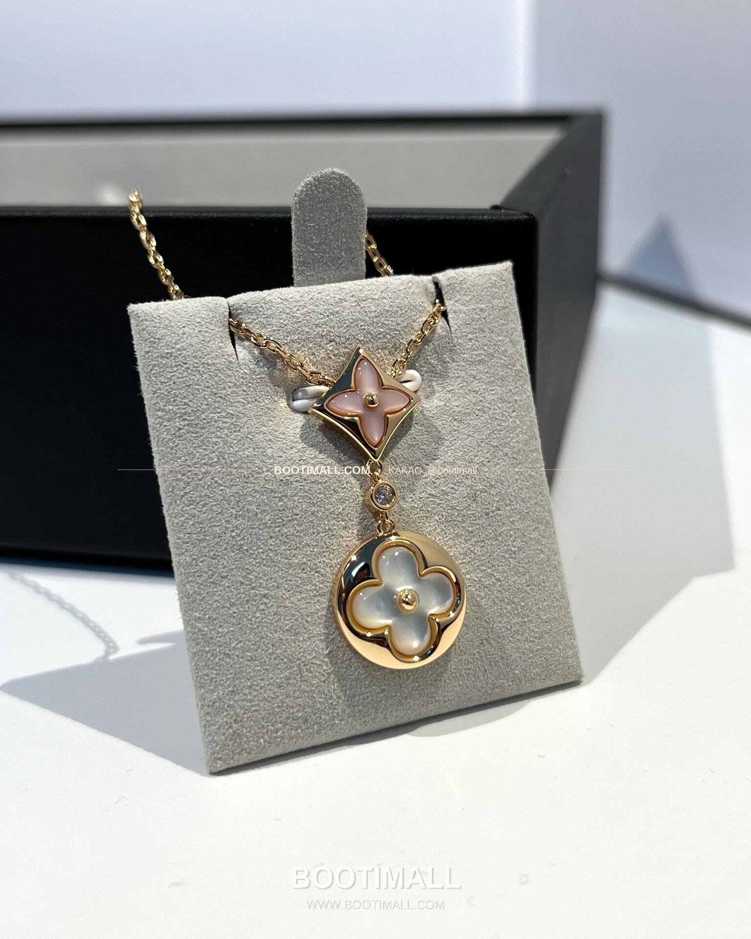루이비통 모노그램 더블 플라워 핑크 화이트 V 골드 자개 다이아 네크리스 Louis Vuitton Monogram Double Flower Pink White V Gold Mother of Pearl Diamond Necklace 7