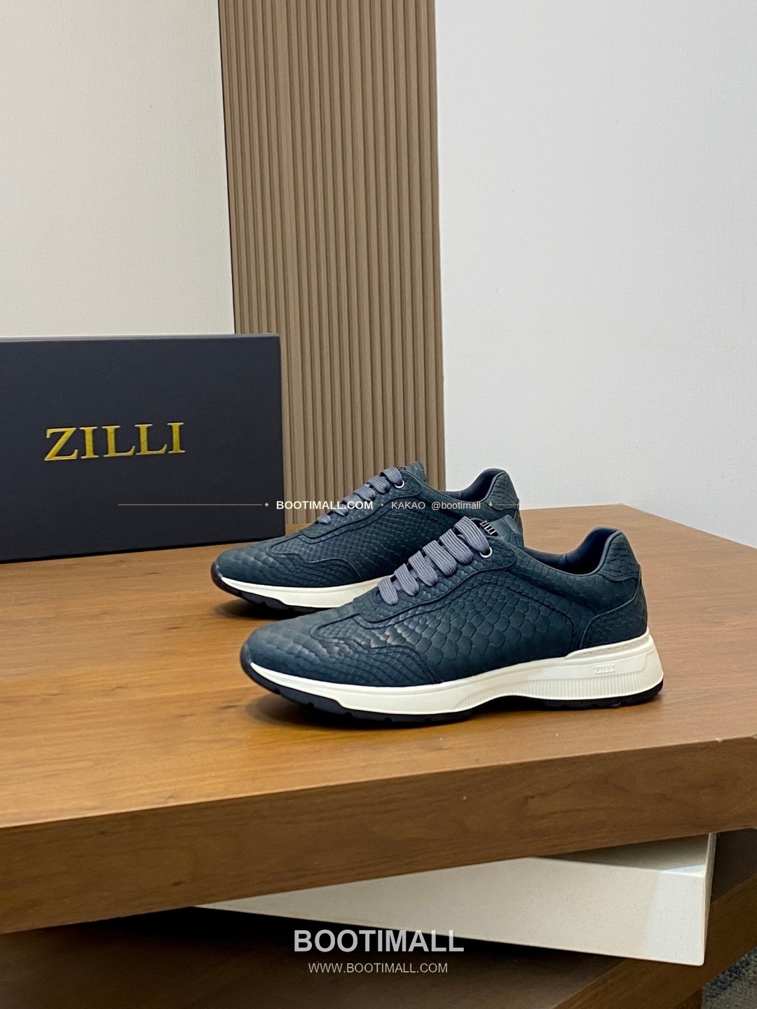 질리 그레인 송아지가죽 스티치 로고 레이스업 스니커즈 네이비 ZILLI Grained Calfskin Stitch Logo Lace-Up Sneakers 3