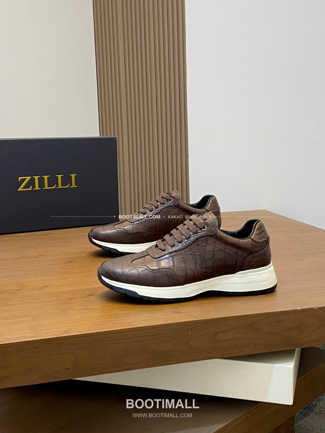 질리 그레인 송아지가죽 스티치 로고 레이스업 스니커즈 브라운 ZILLI Grained Calfskin Stitch Logo Lace-Up Sneakers 3
