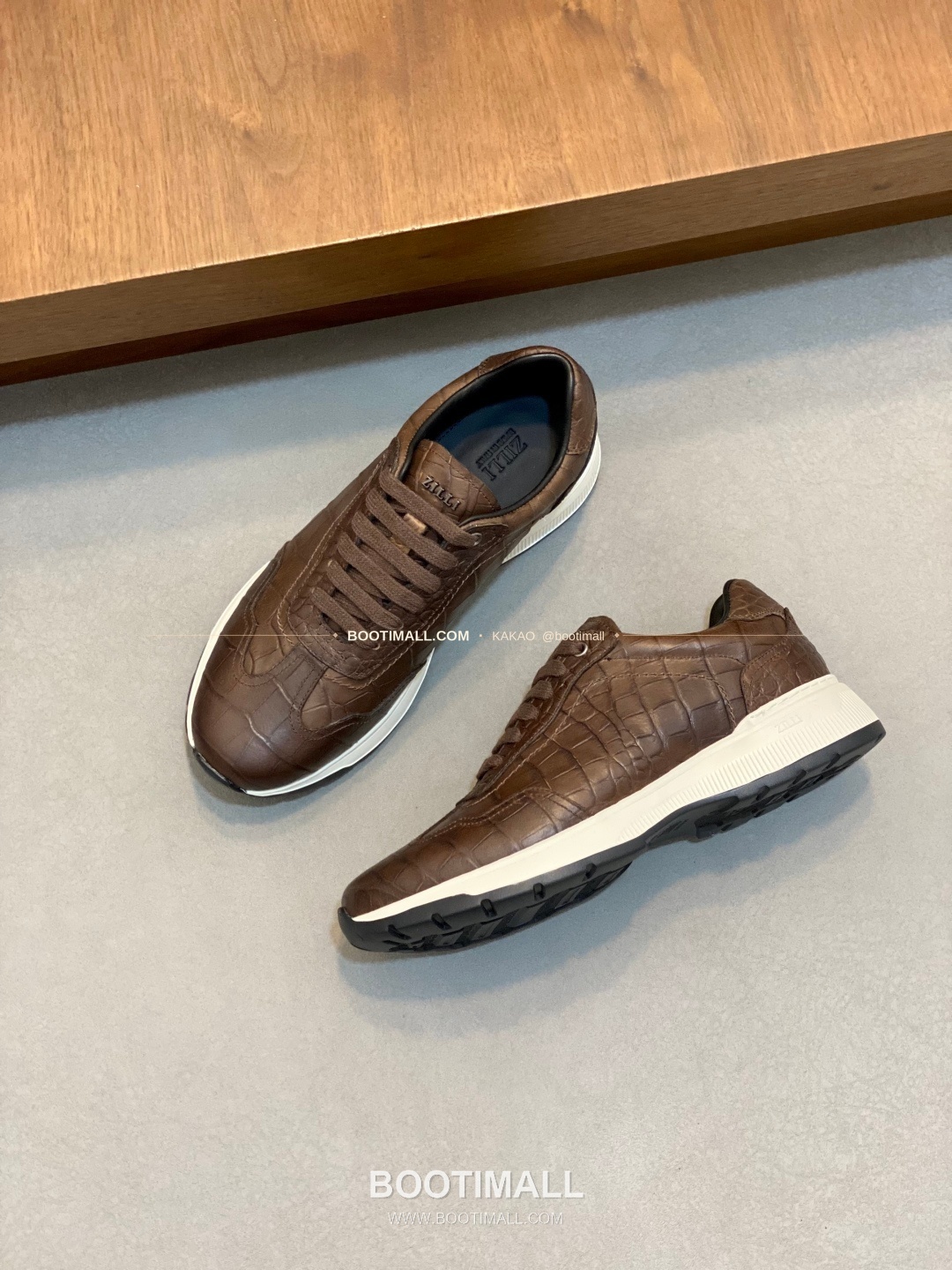 질리 그레인 송아지가죽 스티치 로고 레이스업 스니커즈 브라운 ZILLI Grained Calfskin Stitch Logo Lace-Up Sneakers 5