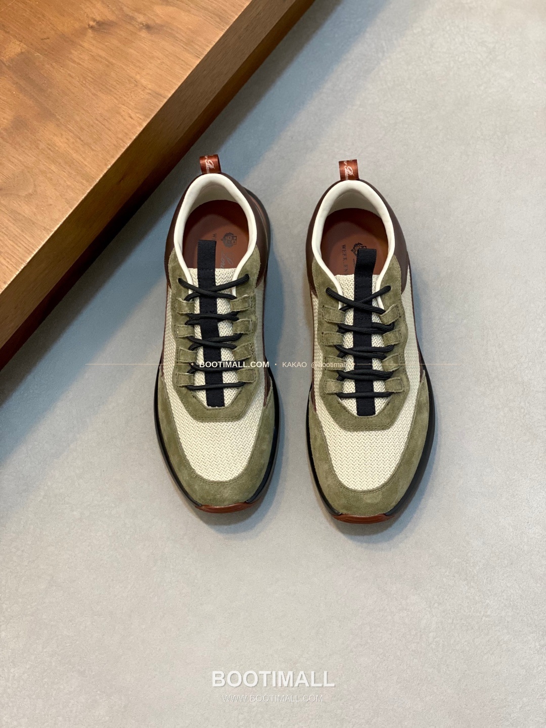 로로피아나 캐시미어 플라이니트 메쉬 레더 로고 레이스업 스니커즈 카키 Loro Piana Cashmere Flyknit Mesh Leather Logo Lace-Up Sneakers 1