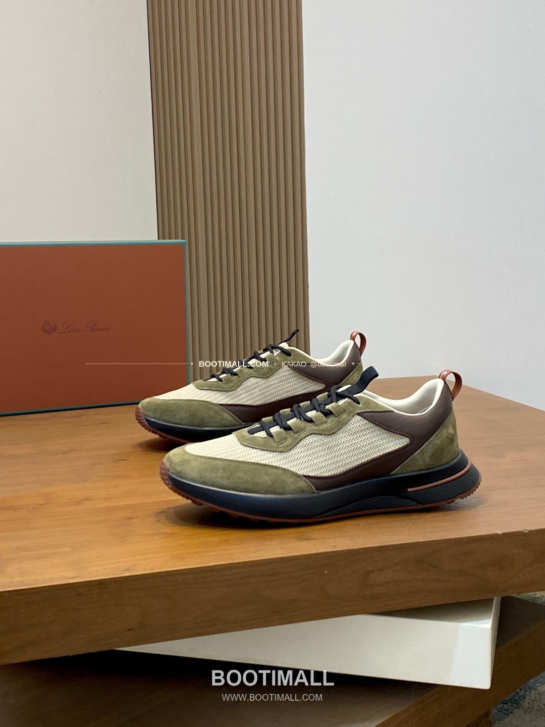 로로피아나 캐시미어 플라이니트 메쉬 레더 로고 레이스업 스니커즈 카키 Loro Piana Cashmere Flyknit Mesh Leather Logo Lace-Up Sneakers 3