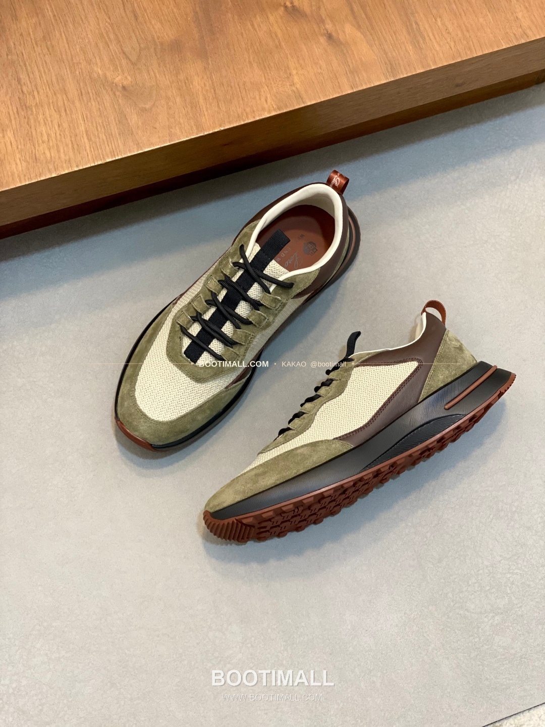 로로피아나 캐시미어 플라이니트 메쉬 레더 로고 레이스업 스니커즈 카키 Loro Piana Cashmere Flyknit Mesh Leather Logo Lace-Up Sneakers 5