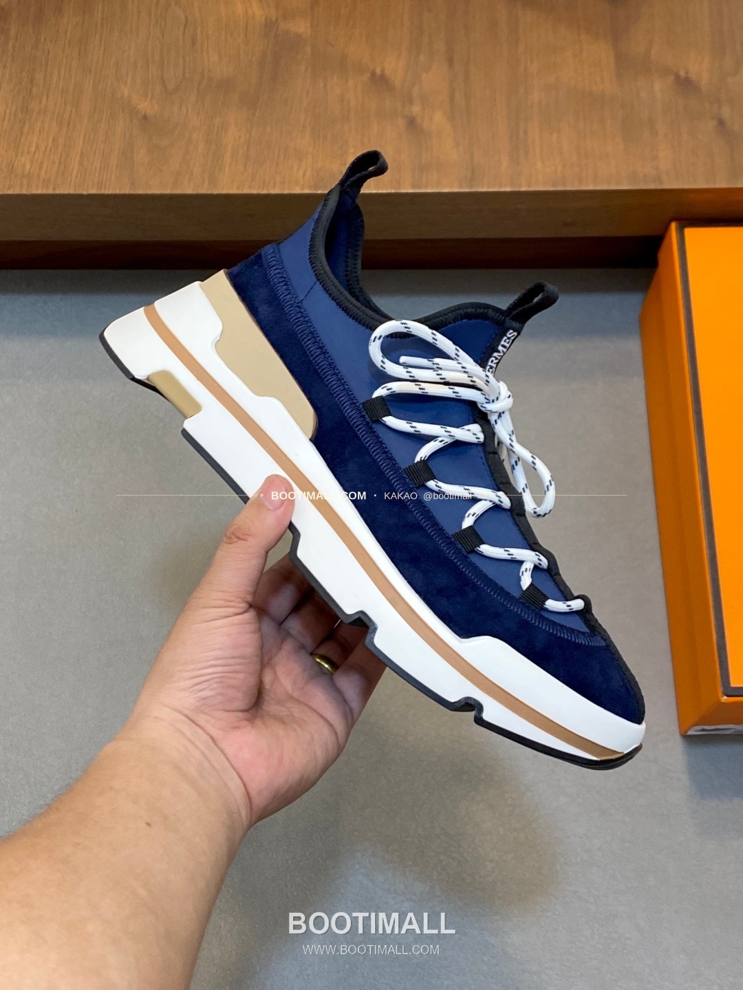 에르메스 바운싱 송아지가죽 엘라스틱 패브릭 로고 레이스업 스니커즈 네이비 Hermes Bouncing Calfskin Elastic Fabric Logo Lace-Up Sneakers 4