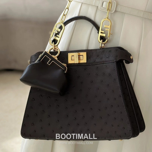 Fendi Peekaboo ISeeU Accordion Ostrich Leather Brown Top Handle Bag 펜디 피카부 아이씨유 아코디언 오스트리치 레더 브라운 탑핸들백 27cm