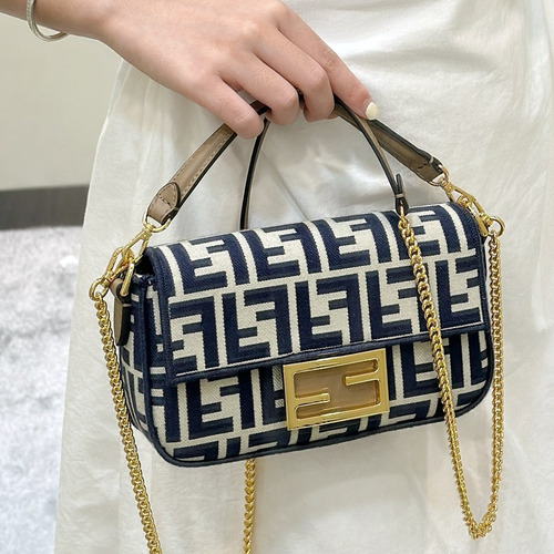 Fendi Baguette FF Logo Pequin Canvas Brown Chain Flap Bag 펜디 바게트 FF 로고 페퀸 캔버스 브라운 체인 플랩백 20cm