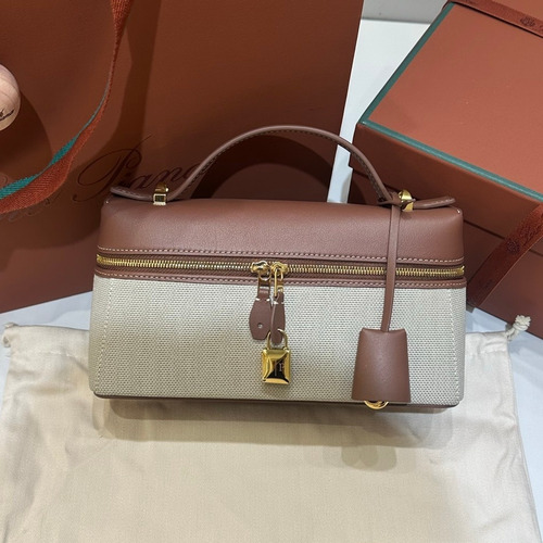 Loro Piana Extra Bag 23 Canvas & Saddle Leather Bag 로로피아나 엑스트라 백 23 캔버스 새들 레더 더블지퍼 숄더 크로스백 23cm