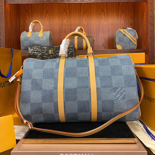 Louis Vuitton Keepall Bandoulière 50 N40739 Damier Denim Cotton Canvas Travel Bag 루이비통 키폴 반둘리에 다미에 데님 코튼 캔버스 여행가방 50cm