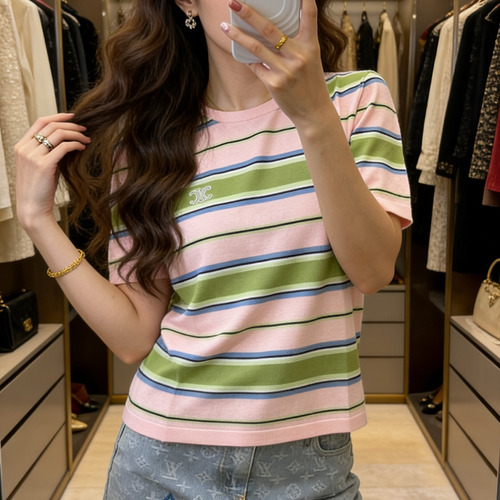 Celine SS26 Striped Silk Blend Knit Short Sleeve T-Shirt 셀린느 스트라이프 실크 블렌드 니트 반팔 티셔츠