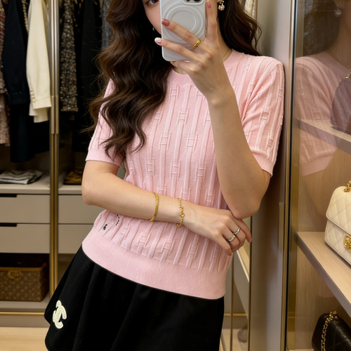 Celine SS26 Vertical Rib Geometric Jacquard Silk Blend Knit Short Sleeve T-Shirt 셀린느 버티컬 립 지오메트릭 자카드 실크 블렌드 니트 반팔 티셔츠