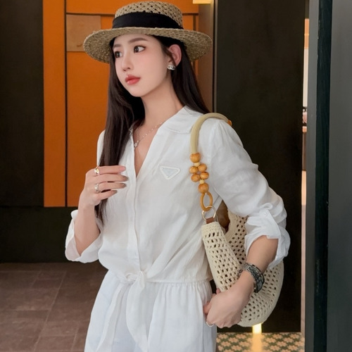 Prada SS26 Linen Cotton Knot Hem 3/4 Sleeve Shirt 프라다 리넨 코튼 매듭 헴 7부 슬리브 셔츠