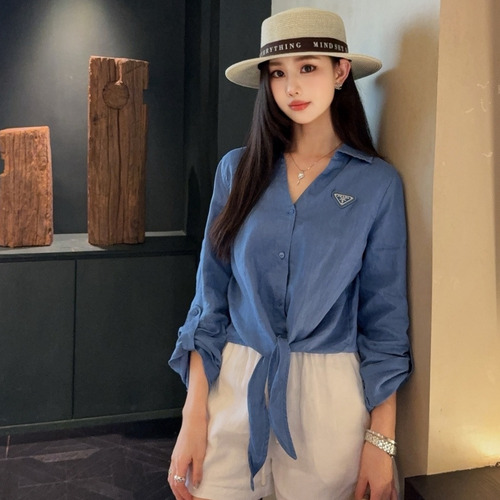 Prada SS26 Linen Cotton Knot Hem 3/4 Sleeve Shirt 프라다 리넨 코튼 매듭 헴 7부 슬리브 셔츠