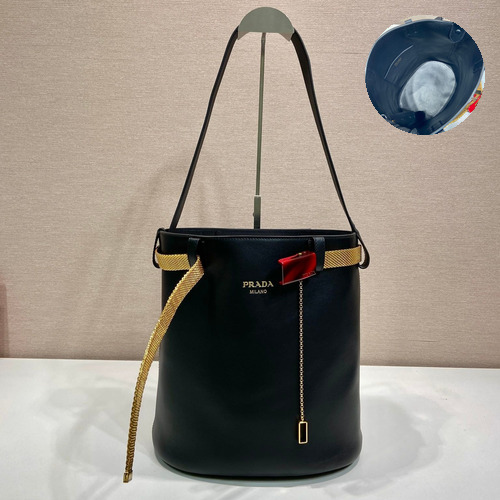Prada Buckle Leather Bucket Bag 1BE085 프라다 버클 레더 버킷백 29cm