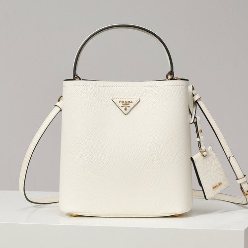 Prada Saffiano Leather Bucket Bag with Detachable Strap Name Tag and Triangle Logo Detail 프라다 사피아노 가죽 버킷백 탈부착 스트랩 네임태그 트라이앵글 로고 디테일 1BA212 22cm