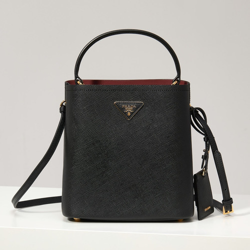 Prada Saffiano Leather Bucket Bag with Detachable Strap Name Tag and Triangle Logo Detail 프라다 사피아노 가죽 버킷백 탈부착 스트랩 네임태그 트라이앵글 로고 디테일 1BA212 22cm