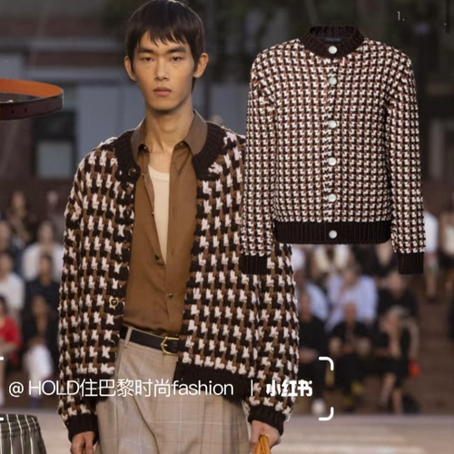 Louis Vuitton 2026FW Houndstooth Pattern Cotton Blend Knit Cardigan with Collar Detail 루이비통 2026FW 하운드투스 패턴 코튼 혼방 니트 가디건 카라 디테일