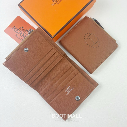 Hermes Barenia Calfskin Leather Compact Wallet with Perforated Detail Zip Coin Pocket 에르메스 바레니아 카프스킨 레더 펀칭 디테일 지퍼 코인포켓 반지갑 6357 10.5cm