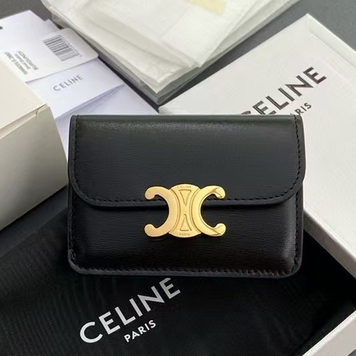 Celine Triomphe Calfskin Leather Card Holder Wallet with Flap Snap Closure Detail 셀린느 트리옹프 카프스킨 레더 플랩 스냅 클로저 카드홀더 지갑 10I582CPJ.04LU 10cm
