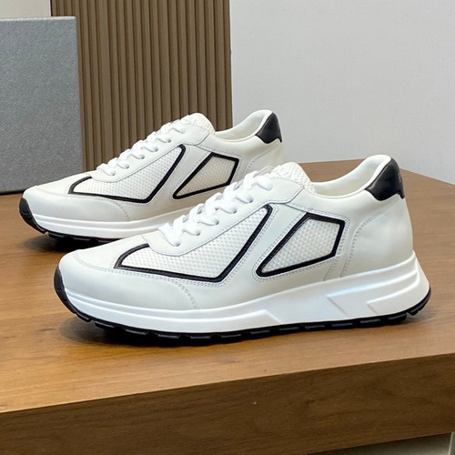 Prada Calfskin Leather Geometric Stitch Sneakers with Logo Tongue Lace Detail Rubber Sole 프라다 카프스킨 레더 지오메트릭 스티치 스니커즈 로고 텅 레이스 디테일 러버솔 7F03041 2.5cm