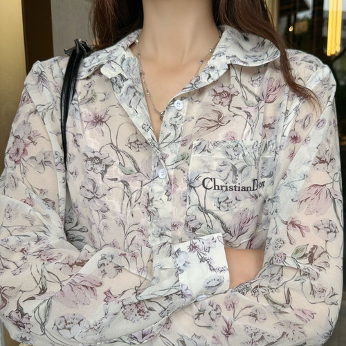 Dior 2026 S/S Silk Sheer Shirt Botanical Print Embroidered Pocket 디올 실크 시어 셔츠 보태니컬 프린트 자수 포켓