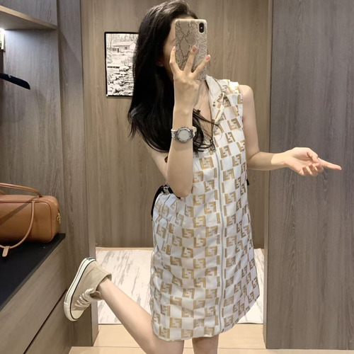 Fendi 2026 S/S Cotton Polyester Sleeveless Dress Check Jacquard Logo Detail 펜디 코튼 폴리에스터 슬리브리스 드레스 체크 자카드 로고 디테일