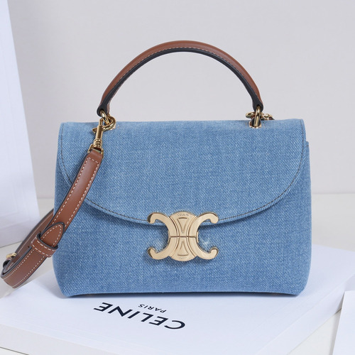 Celine Triomphe Denim Canvas Cowhide Crossbody Bag with Button Lock Detail 셀린느 트리옹프 데님 캔버스 카우하이드 크로스백 버튼락 118112 20.5cm