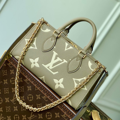 Louis Vuitton OnTheGo PM Monogram Empreinte Leather Tote Shoulder Bag with Chain Strap Detail 루이비통 온더고 PM 모노그램 앙프렝뜨 토트 숄더백 체인스트랩 M23641 25cm