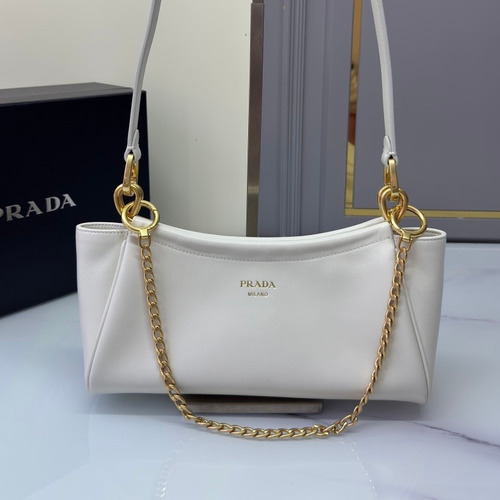 Prada Calfskin Chain Strap Shoulder Bag with Logo Zip Pocket Detail 프라다 카프스킨 체인스트랩 숄더백 로고지퍼포켓 1BC261 28cm