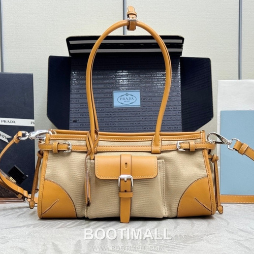 Prada Bonnie Linen Canvas Tote Bag with Pocket Strap Detail 프라다 보니 린넨 캔버스 토트백 포켓 스트랩 1BA426 32cm
