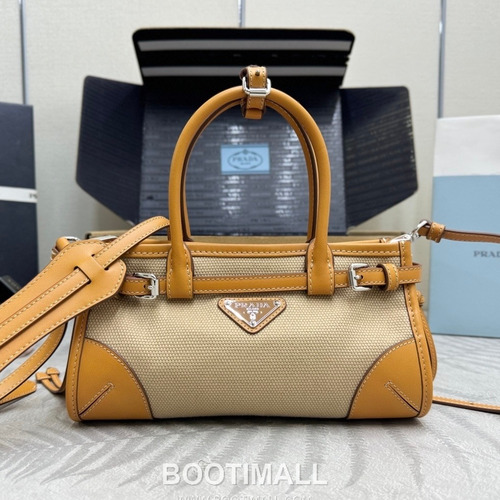 Prada Bonnie Linen Canvas Calfskin Mini Tote Bag with Strap Detail 프라다 보니 린넨 캔버스 카프스킨 미니 토트백 스트랩 1BA486 23.5cm