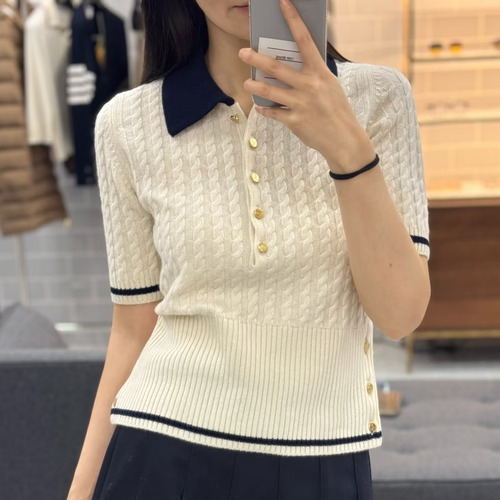 Thom Browne 2026 S/S Merino Wool Cable Knit Button Polo T-Shirt 톰브라운 2026SS 메리노 울 케이블 니트 버튼 폴로 티셔츠