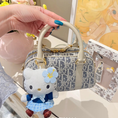 Dior D-Vibe Mini Bowling Raffia Cotton Denim Canvas Top Handle Crossbody Bag 디올 디바이브 미니 보울링 라피아 코튼 데님 블루 탑핸들 크로스백 2388 20.5cm