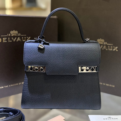 델보 템페트 PM 스위프트 카프스킨 블랙 스트랩 메탈락 플랩 핸드백 Delvaux Tempete PM Swift Calfskin Black Strap Metal Lock Flap Handbag 99135066 21.5cm