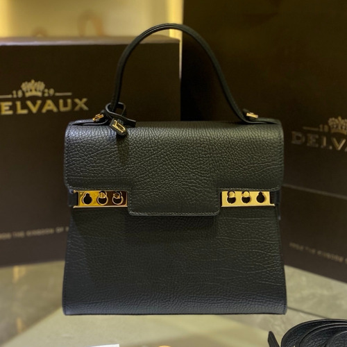 델보 템페트 PM 스위프트 카프스킨 블랙 스트랩 메탈락 플랩 핸드백 Delvaux Tempete PM Swift Calfskin Black Strap Metal Lock Flap Handbag 99135066 21.5cm